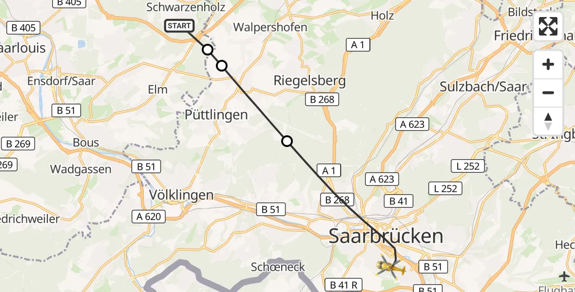 Flugroute Rettungshubschrauber Saarwellingen - Saarbrücken, 10 März 2026, 13:05
