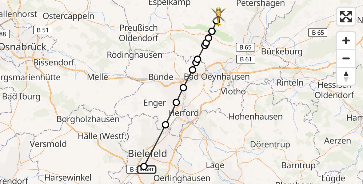 Flugroute Rettungshubschrauber Luftrettungszentrum Bielefeld - Nordhemmern, 10 März 2026, 13:15