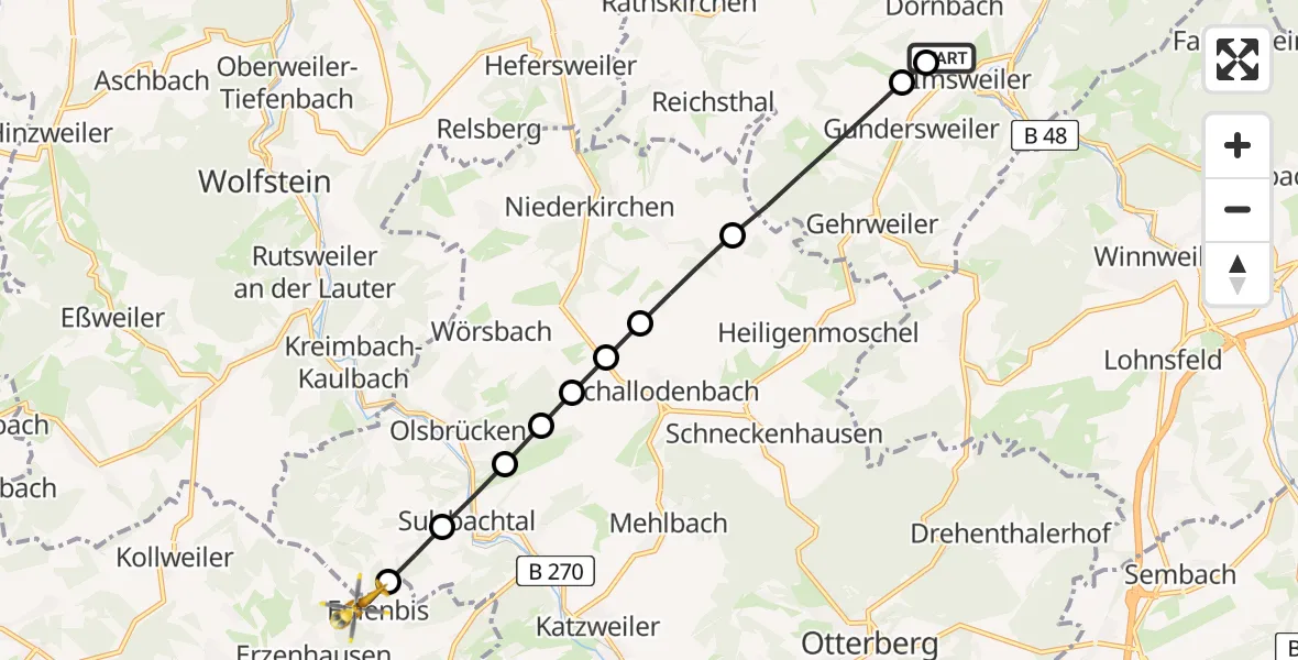 Flugroute Rettungshubschrauber Imsweiler UL - Eulenbis, 10 März 2026, 13:16
