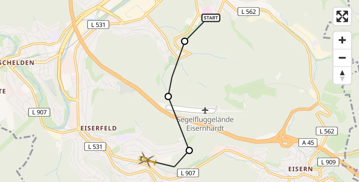 Flugroute Rettungshubschrauber Evangelisches Jung-Stilling Hospital - Siegen, 10 März 2026, 13:16