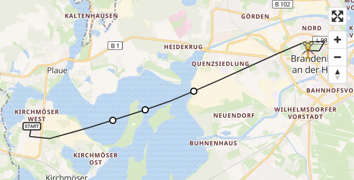 Flugroute Rettungshubschrauber Kirchmöser - Brandenburg an der Havel, 10 März 2026, 13:16