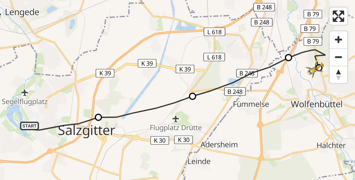 Flugroute Rettungshubschrauber Ortschaft Nord - Wolfenbüttel Municipal Hospital Heliport (Christoph 30), 10 März 2026, 13:18