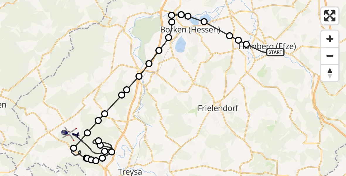 Routekaart van de vlucht: Polizeihubschrauber nach Sebbeterode
