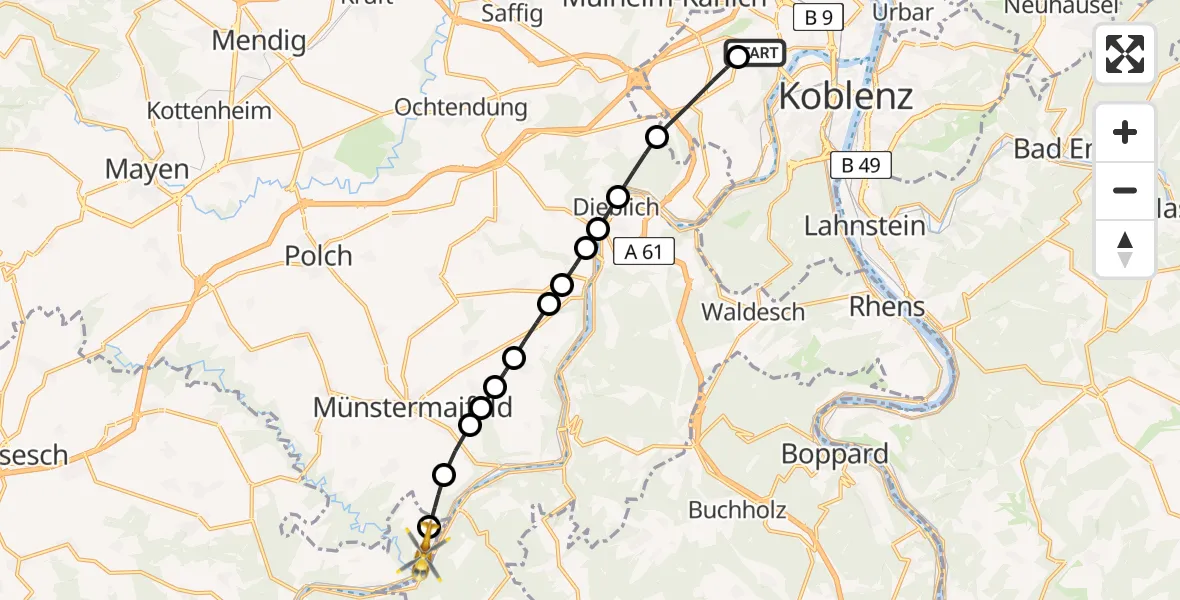 Flugroute Rettungshubschrauber Koblenz - Moselkern, 10 März 2026, 13:23