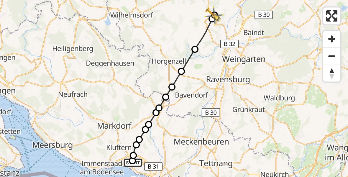 Flugroute Rettungshubschrauber Friedrichshafen Hospital - Blitzenreute, 10 März 2026, 13:31