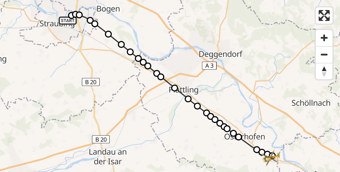 Flugroute Rettungshubschrauber Sankt Elisabeth Hospital Straubing - Girching, 10 März 2026, 13:40