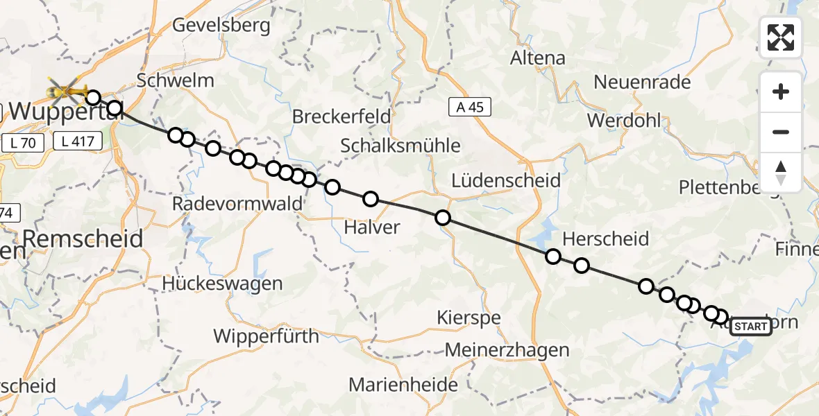 Flugroute Ambulanzhubschrauber Biekhofen - Barmen, 10 März 2026, 13:42