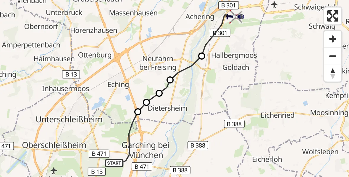 Flugroute Polizeihubschrauber Garching bei München - Freising, 10 März 2026, 13:56