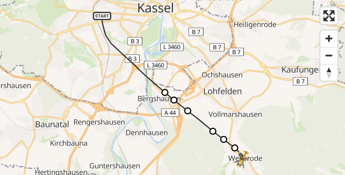 Flugroute Rettungshubschrauber Kassel - Wellerode, 10 März 2026, 14:05