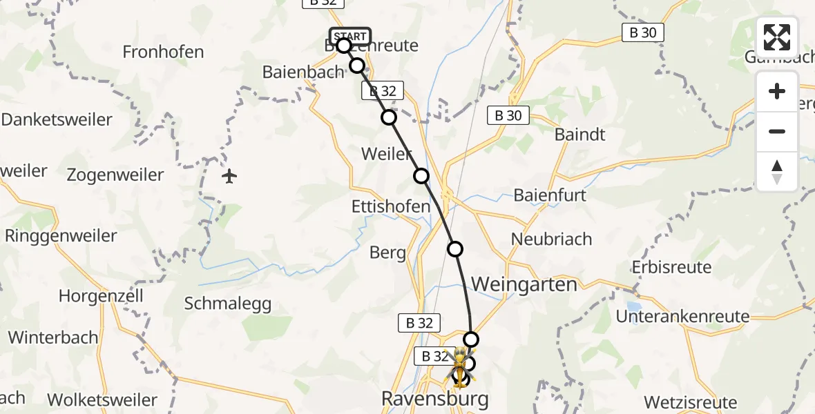 Flugroute Rettungshubschrauber Blitzenreute - Sankt Elisabeth Hospital, 10 März 2026, 14:06