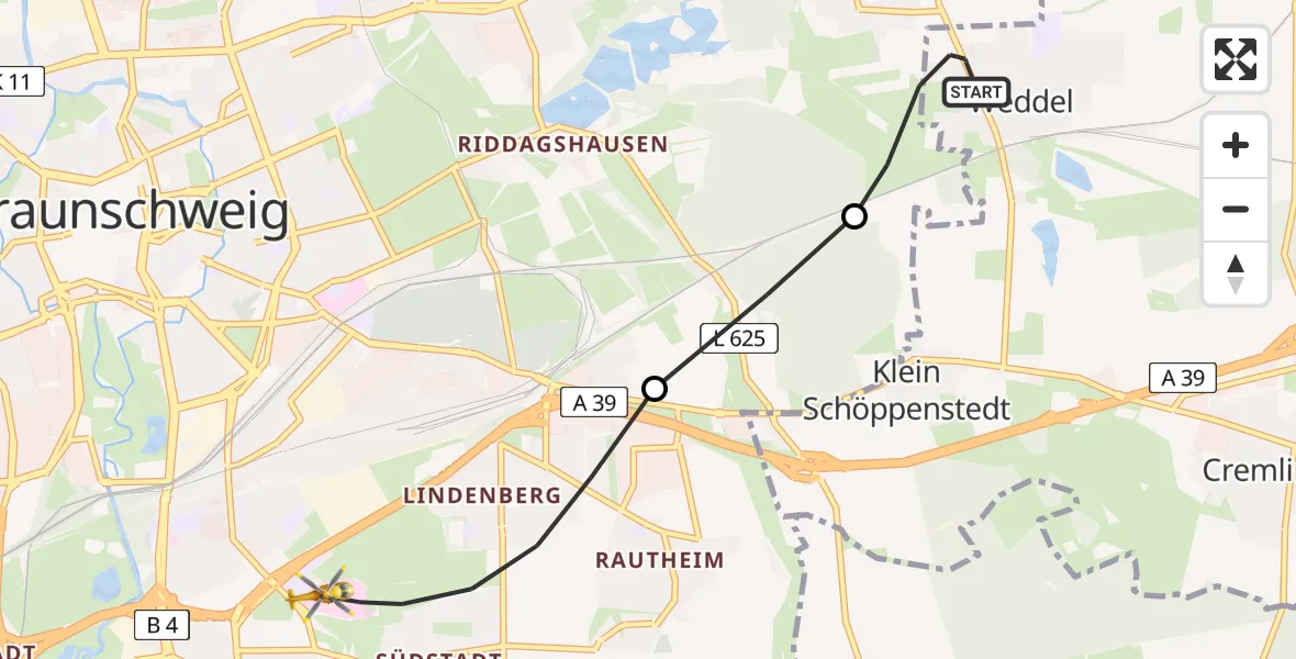 Flugroute Rettungshubschrauber Weddel - Südstadt-Rautheim-Mascherode, 10 März 2026, 14:17