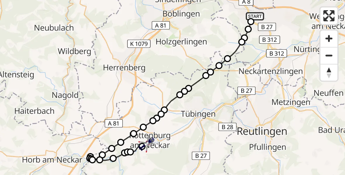 Flugroute Polizeihubschrauber Stuttgart Airport - Rottenburg, 10 März 2026, 14:21