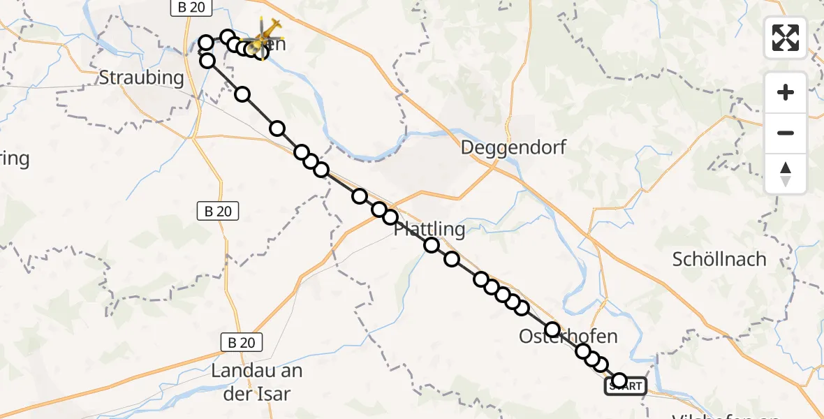 Flugroute Rettungshubschrauber Girching - Bogen, 10 März 2026, 14:24