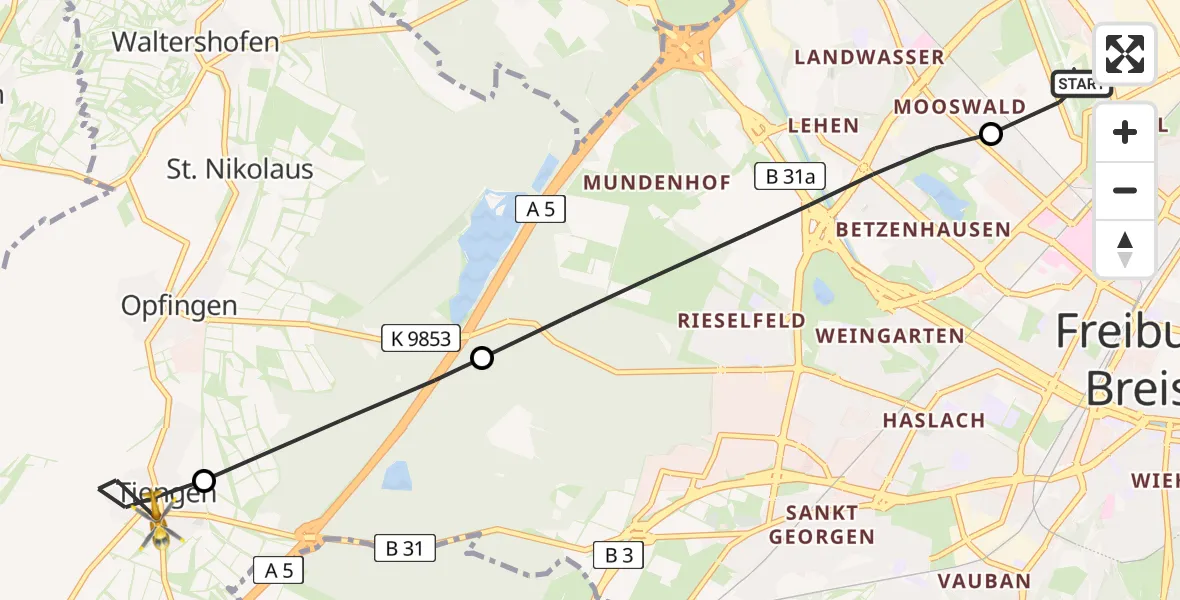 Flugroute Rettungshubschrauber Freiburg im Breisgau Airfield - Tiengen, 10 März 2026, 14:25