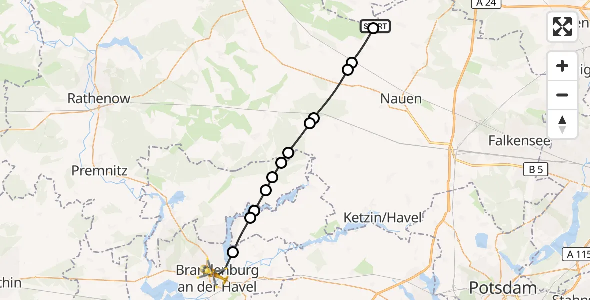 Flugroute Rettungshubschrauber Fehrbellin - Brandenburg an der Havel, 10 März 2026, 14:27