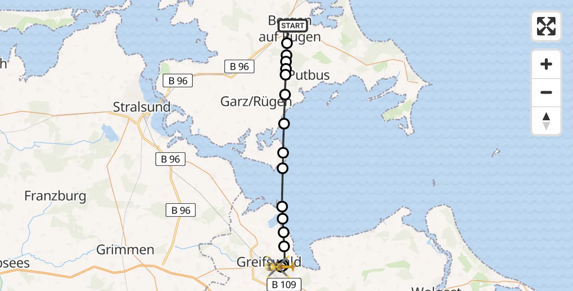 Flugroute Rettungshubschrauber Bergen auf Rügen - Greifswald Hospital, 10 März 2026, 14:30