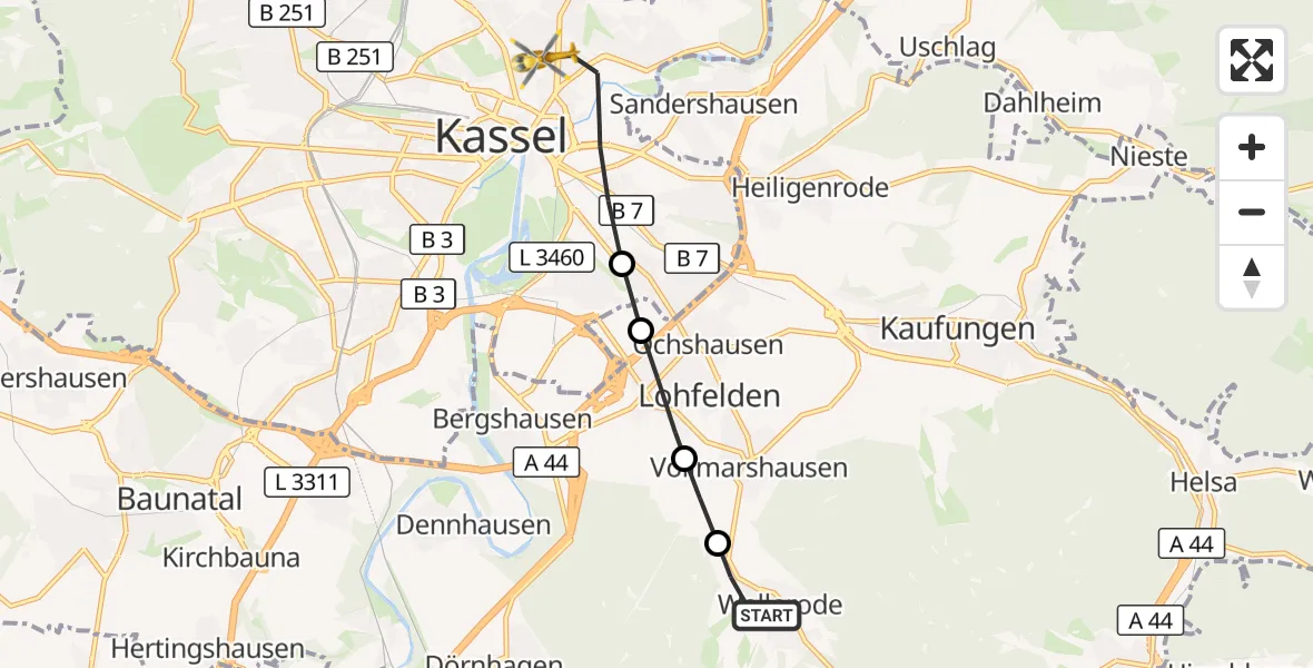 Flugroute Rettungshubschrauber Wellerode - Kassel, 10 März 2026, 14:33