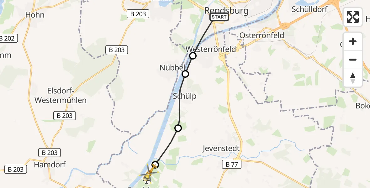 Flugroute Rettungshubschrauber Rendsburg - Rendsburg-Schachtholm Airfield, 10 März 2026, 14:36