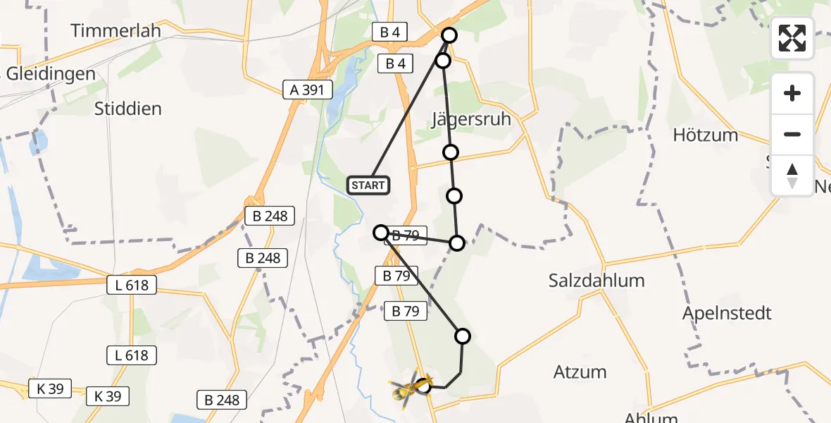 Flugroute Rettungshubschrauber Braunschweig-Süd - Wolfenbüttel Municipal Hospital Heliport (Christoph 30), 10 März 2026, 14:37
