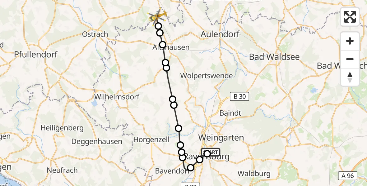 Flugroute Rettungshubschrauber Sankt Elisabeth Hospital - Boms, 10 März 2026, 14:37