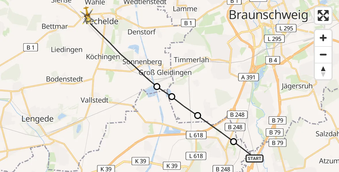 Flugroute Rettungshubschrauber Wolfenbüttel - Vechelde, 10 März 2026, 14:42