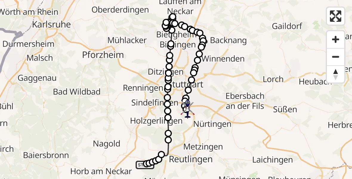 Flugroute Polizeihubschrauber Rottenburg - Stuttgart Airport, 10 März 2026, 14:46
