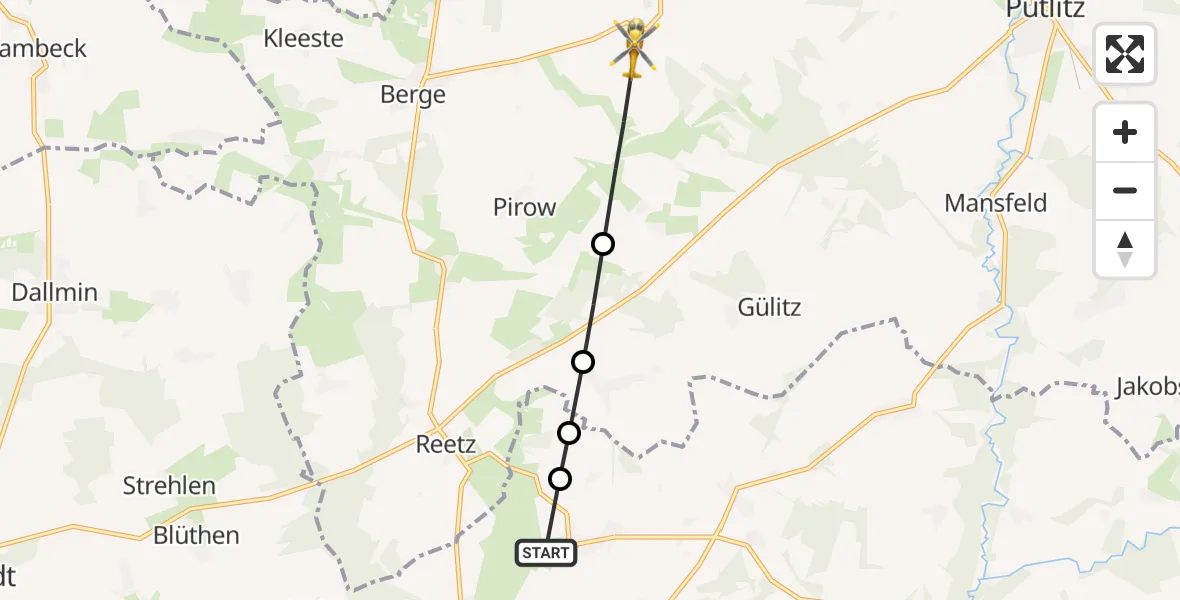 Flugroute Rettungshubschrauber Groß Pankow (Prignitz) - Pirow, 10 März 2026, 14:46