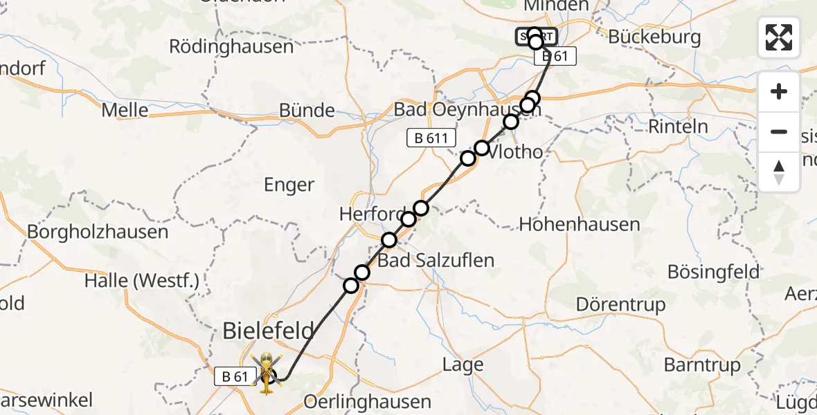 Flugroute Rettungshubschrauber Häverstädt - Luftrettungszentrum Bielefeld, 10 März 2026, 14:48