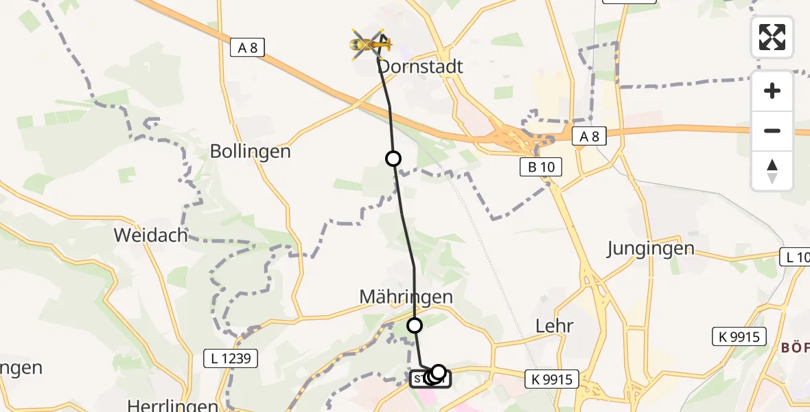 Flugroute Rettungshubschrauber Ulm Military Hospital Emergency - Dornstadt, 10 März 2026, 14:52