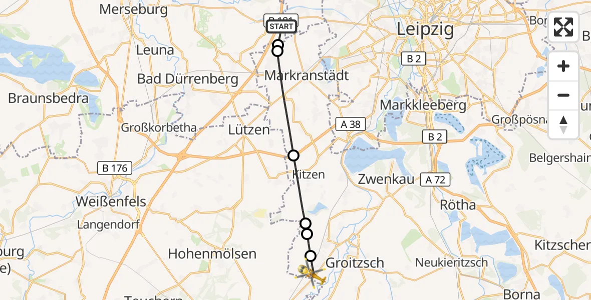 Flugroute Rettungshubschrauber Günthersdorf - Elstertrebnitz, 10 März 2026, 15:02
