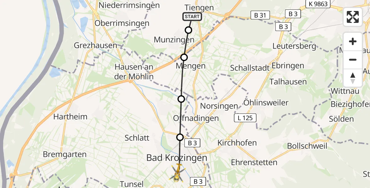 Flugroute Rettungshubschrauber Tiengen - Bad Krozingen (Kernstadt), 10 März 2026, 15:03