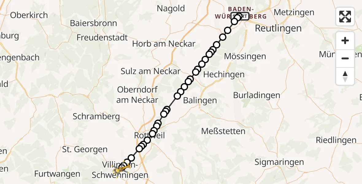 Flugroute Rettungshubschrauber Tübingen University Hospital - DRF Air Rescue Station Villingen-Schwenningen Heliport (Christoph 11), 10 März 2026, 15:13