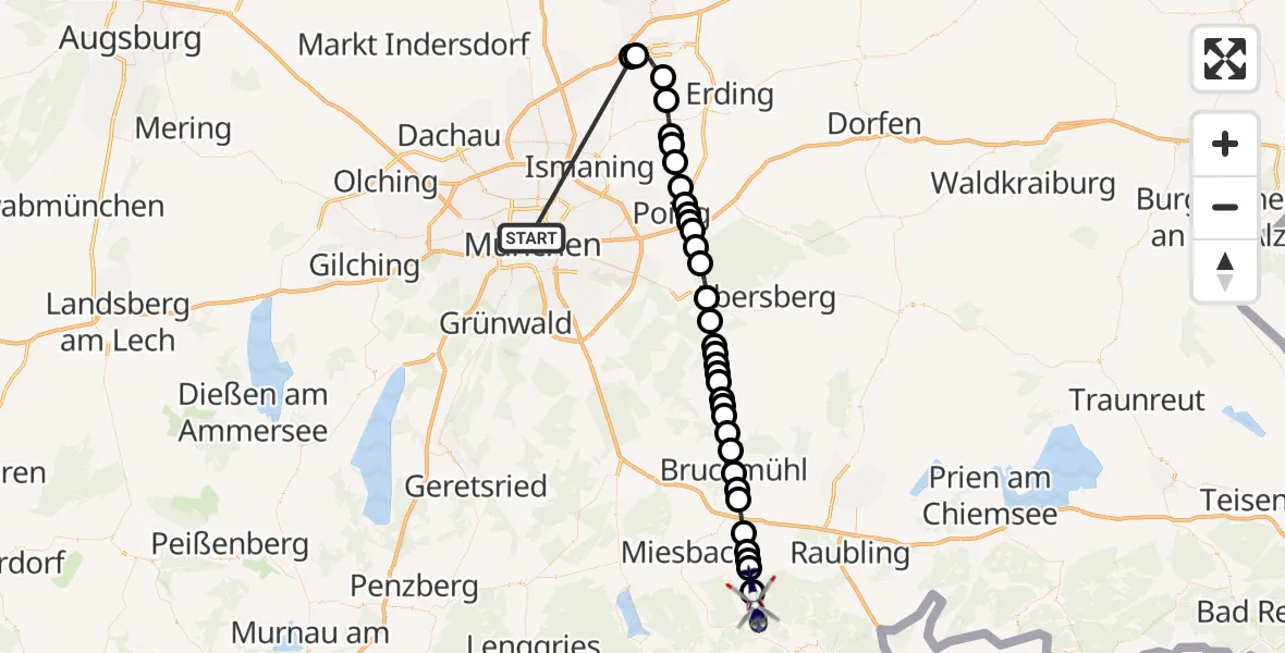 Flugroute Polizeihubschrauber München - Elbach, 10 März 2026, 15:14