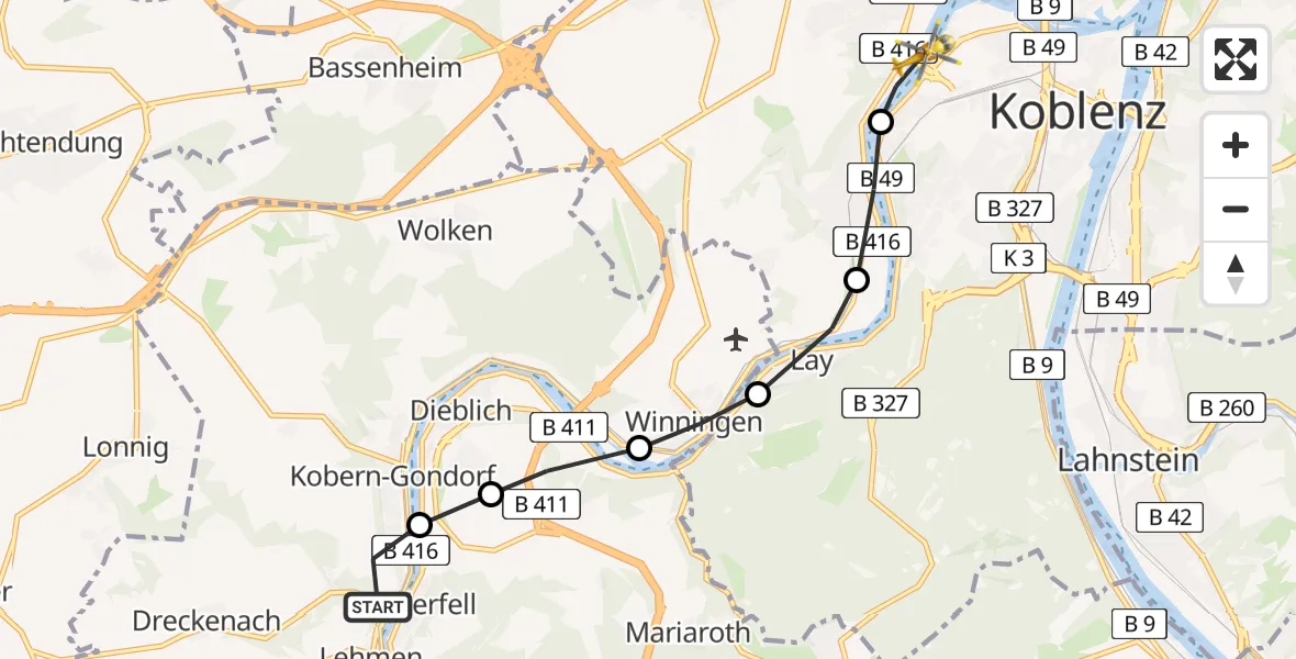 Flugroute Rettungshubschrauber Kobern-Gondorf - Kemperhof Koblenz Clinic Heliport, 10 März 2026, 15:19
