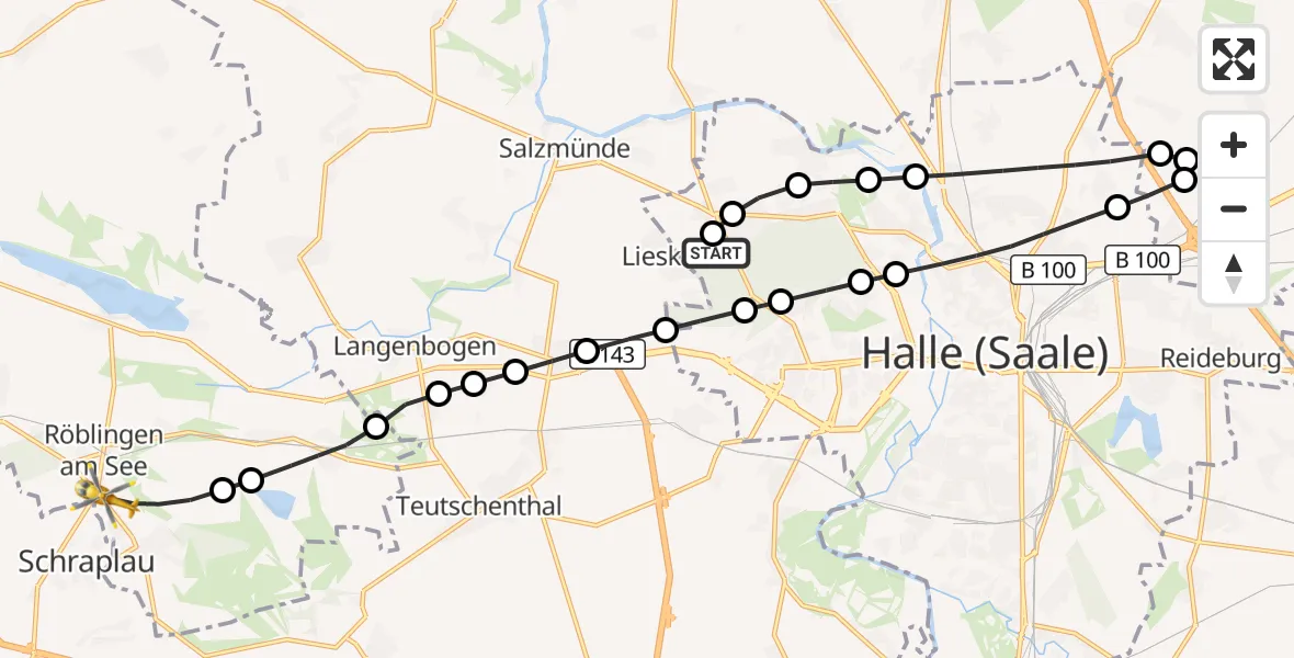 Flugroute Ambulanzhubschrauber Martha-Maria Halle-Dölau Hospital - Röblingen am See, 10 März 2026, 15:22
