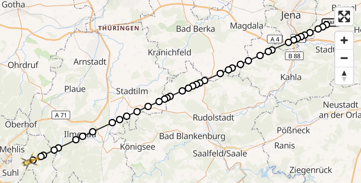 Flugroute Rettungshubschrauber Jena-Schöngleina Airfield - Goldlauter, 10 März 2026, 15:29