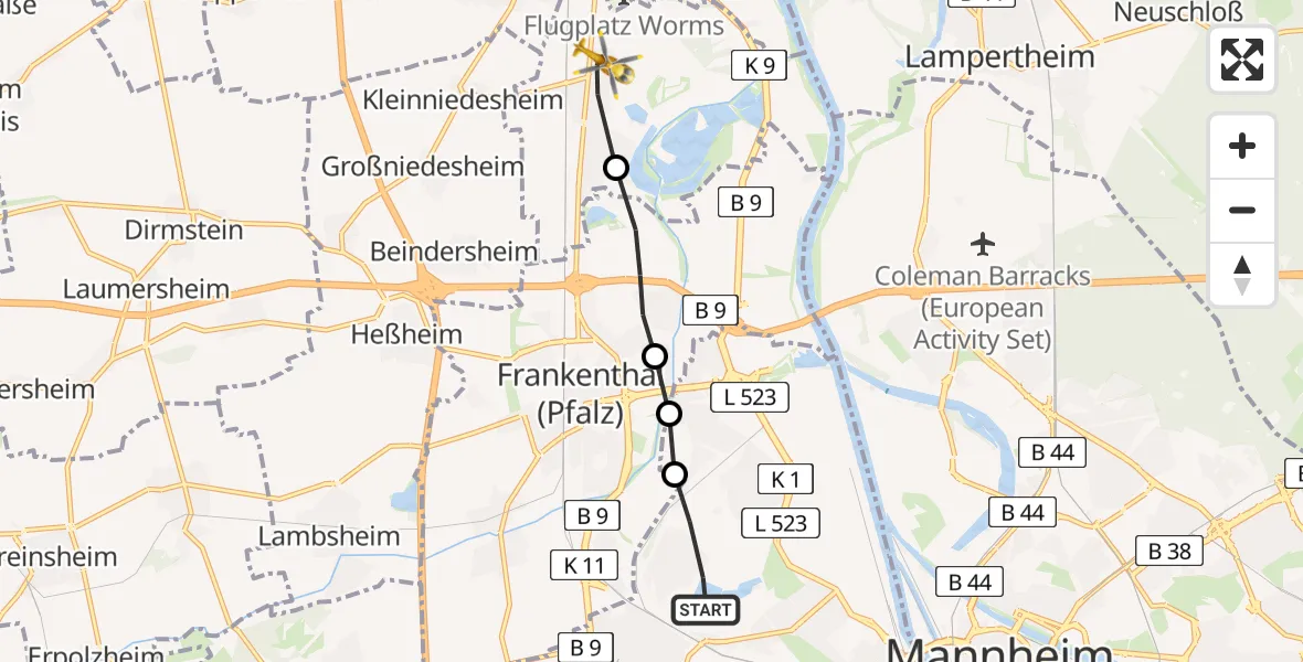 Routekaart van de vlucht: Rettungshubschrauber nach Bobenheim-Roxheim, Max-Reger-Straße