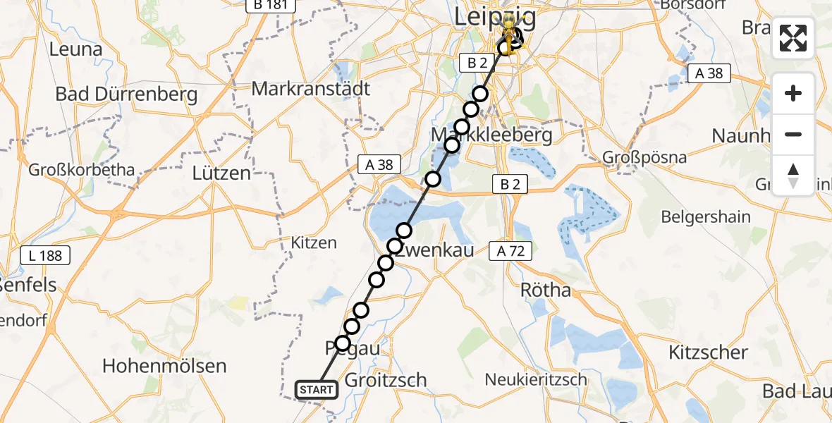 Routekaart van de vlucht: Rettungshubschrauber nach Leipzig University Hospital Heliport 1