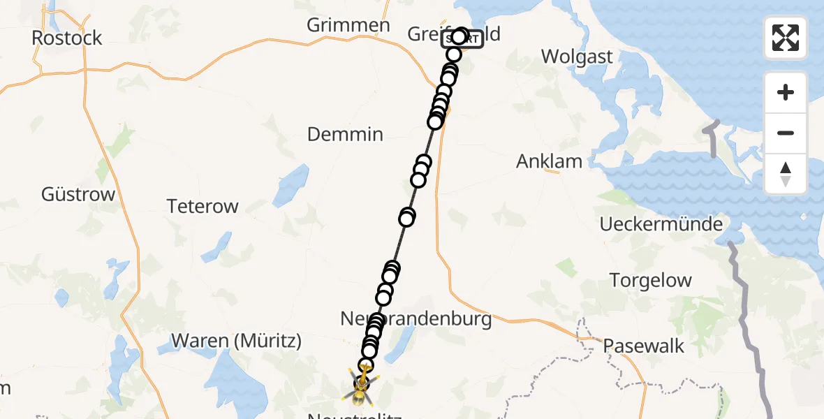 Flugroute Rettungshubschrauber Greifswald Hospital - Peckatel, 10 März 2026, 15:35