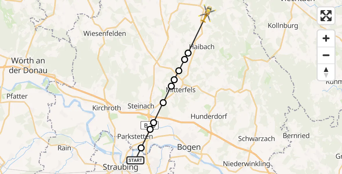 Flugroute Rettungshubschrauber Straubing - Konzell, 10 März 2026, 15:42