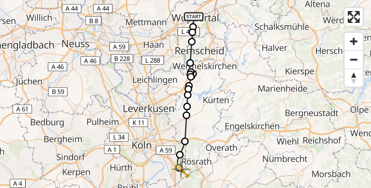 Flugroute Ambulanzhubschrauber Barmen - Cologne Bonn Airport, 10 März 2026, 15:44