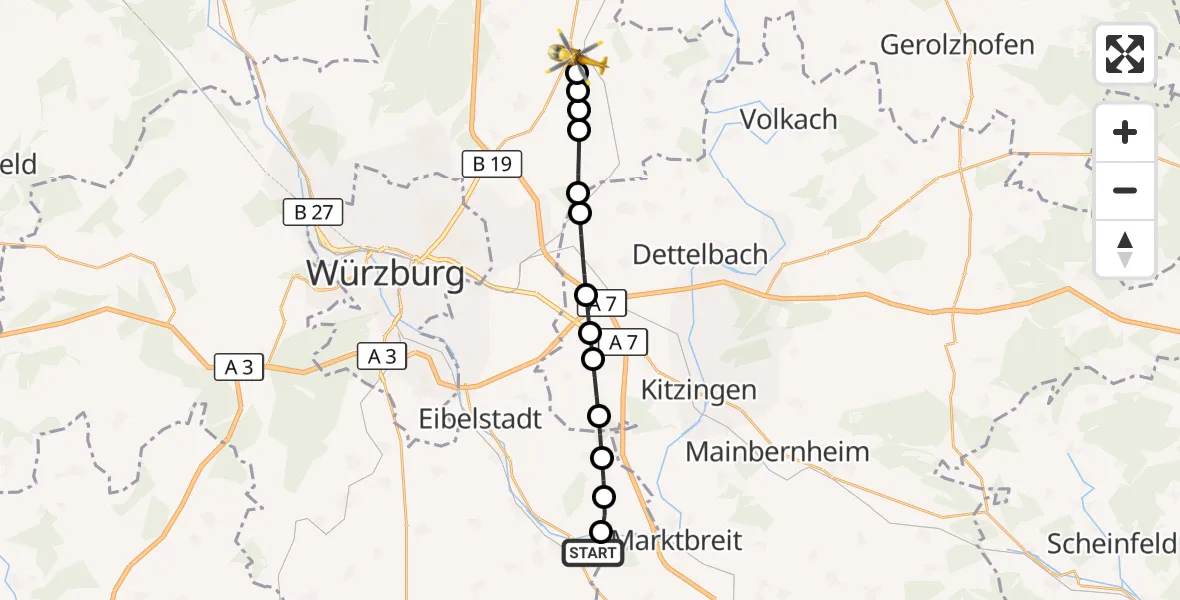 Flugroute Rettungshubschrauber Ochsenfurt Hospital - Bergtheim, 10 März 2026, 15:53