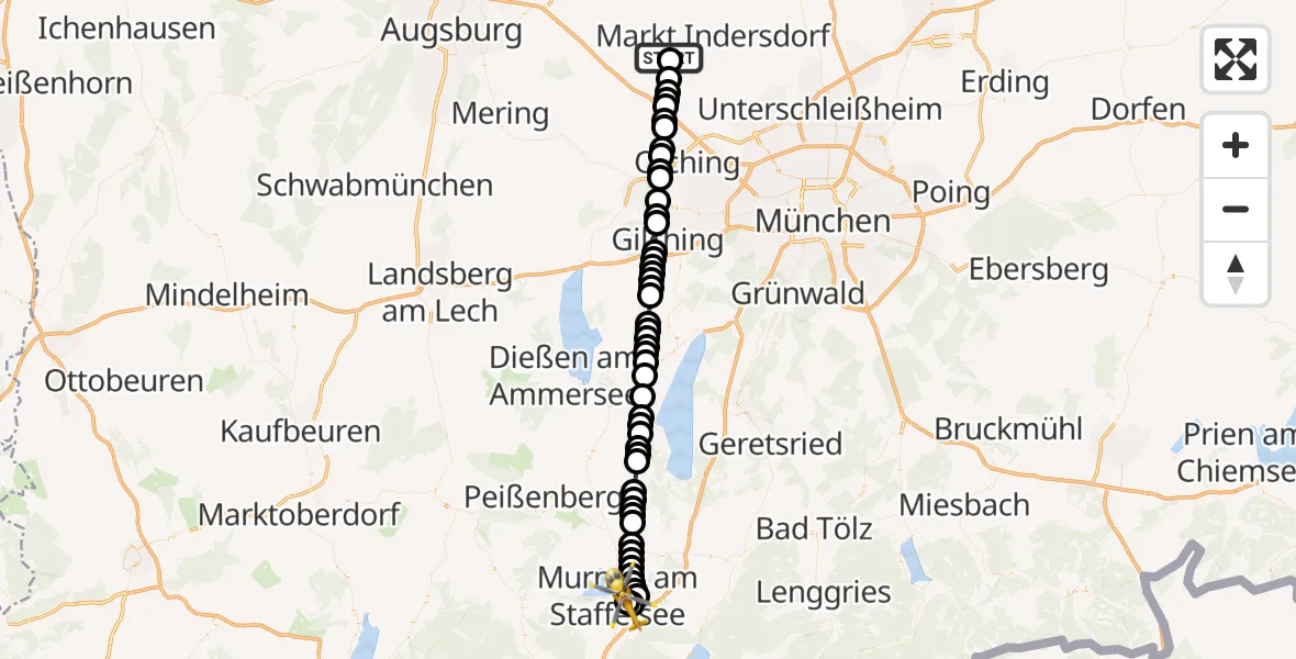 Flugroute Rettungshubschrauber Petersberg - Murnau Accident Hospital, 10 März 2026, 15:55