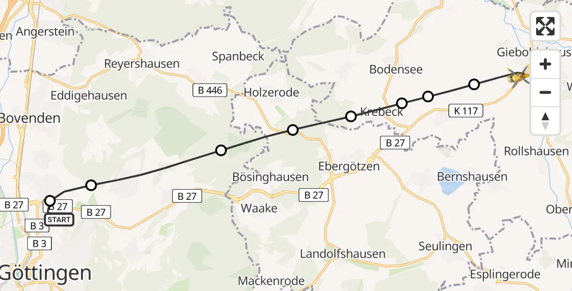 Flugroute Rettungshubschrauber Göttingen University Clinic Heliport - Gieboldehausen, 10 März 2026, 15:59