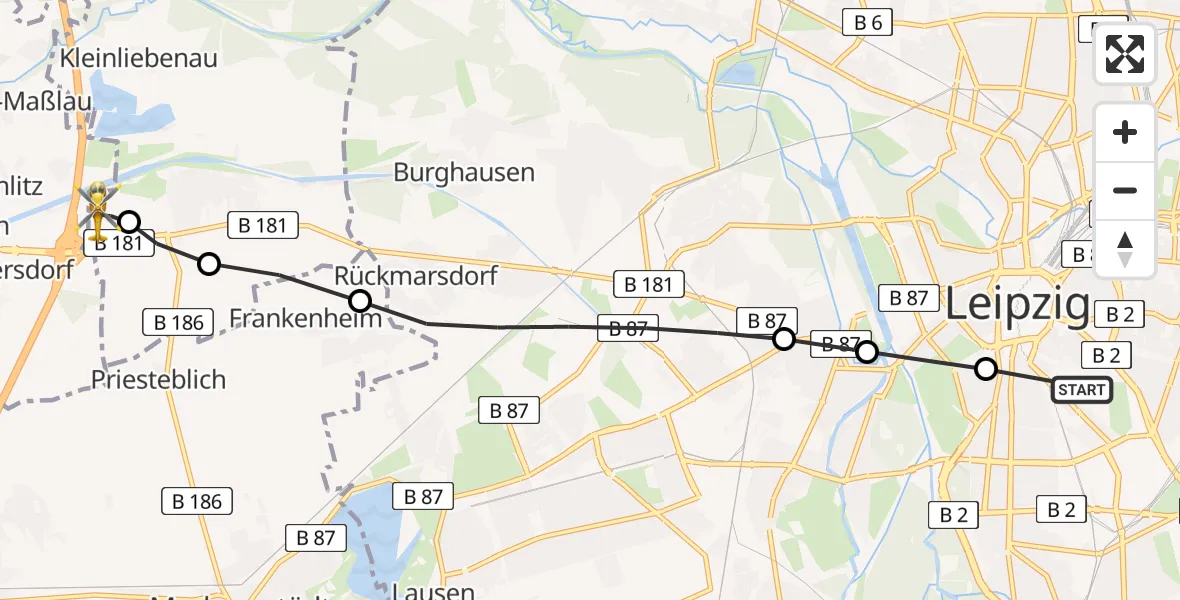 Flugroute Rettungshubschrauber Leipzig University Hospital Heliport 1 - ADAC Air Rescue Station Leipzig/Schkeuditz-Dölzig Heliport (Christoph 61), 10 März 2026, 16:06