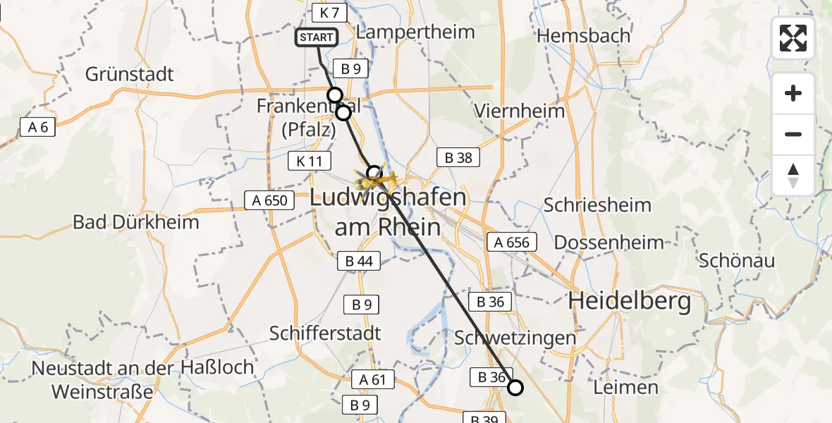 Flugroute Rettungshubschrauber Bobenheim-Roxheim - Ludwigshafen am Rhein, 10 März 2026, 16:08
