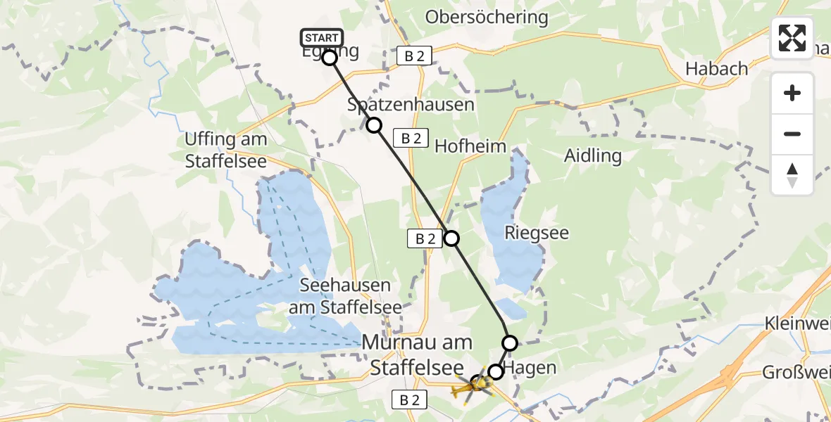 Flugroute Rettungshubschrauber Tauting - Murnau Accident Hospital, 10 März 2026, 16:09