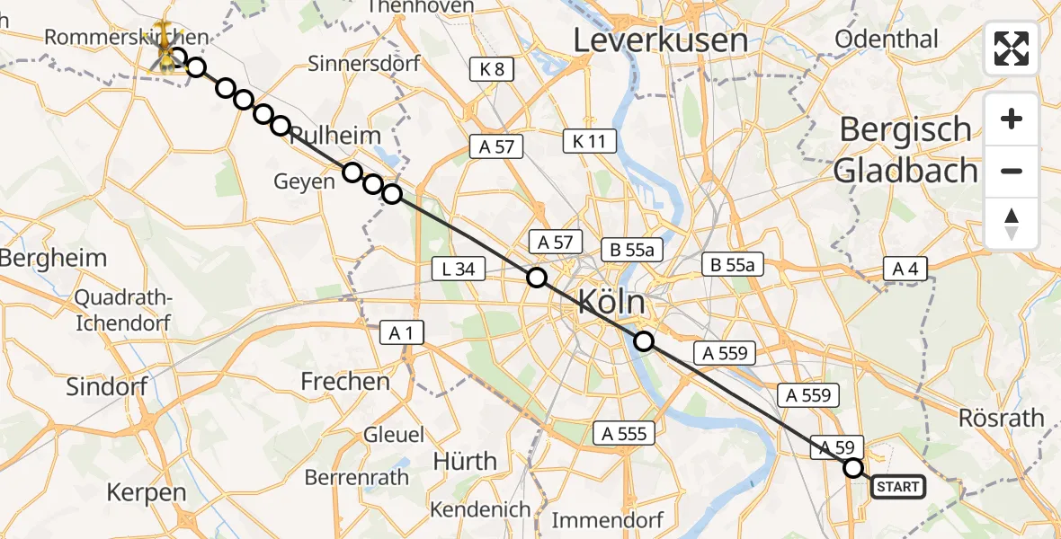 Flugroute Rettungshubschrauber Cologne Bonn Airport - Rommerskirchen, 10 März 2026, 16:11