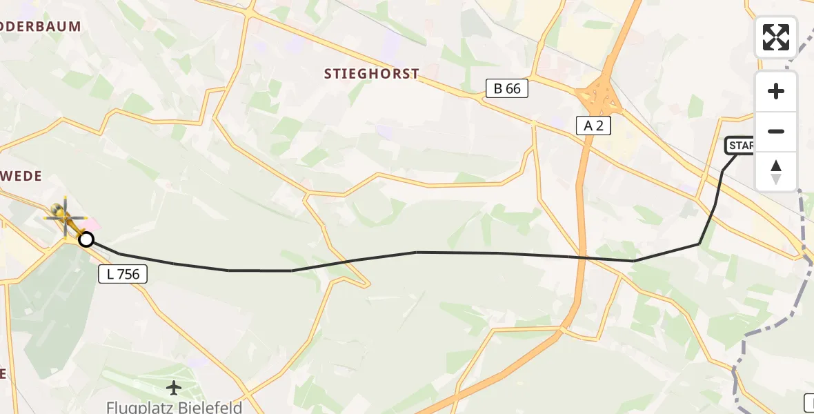 Flugroute Rettungshubschrauber Bielefeld - Luftrettungszentrum Bielefeld, 10 März 2026, 16:33