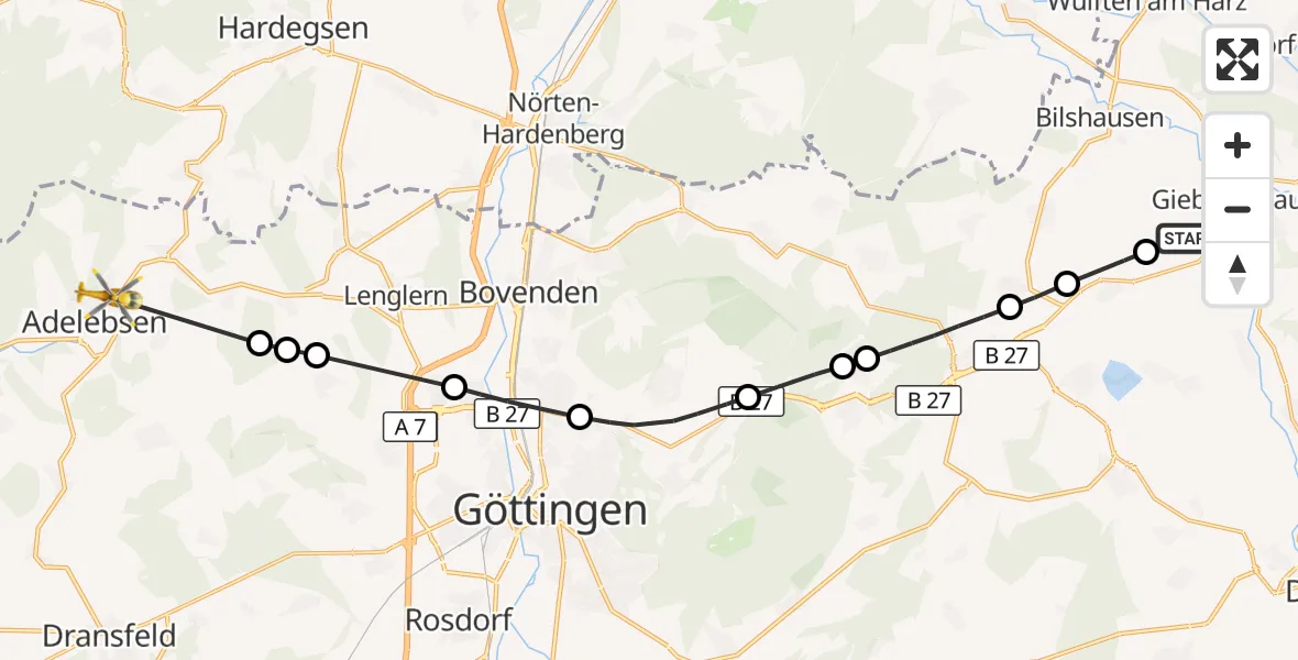 Flugroute Rettungshubschrauber Gieboldehausen - Adelebsen, 10 März 2026, 16:39